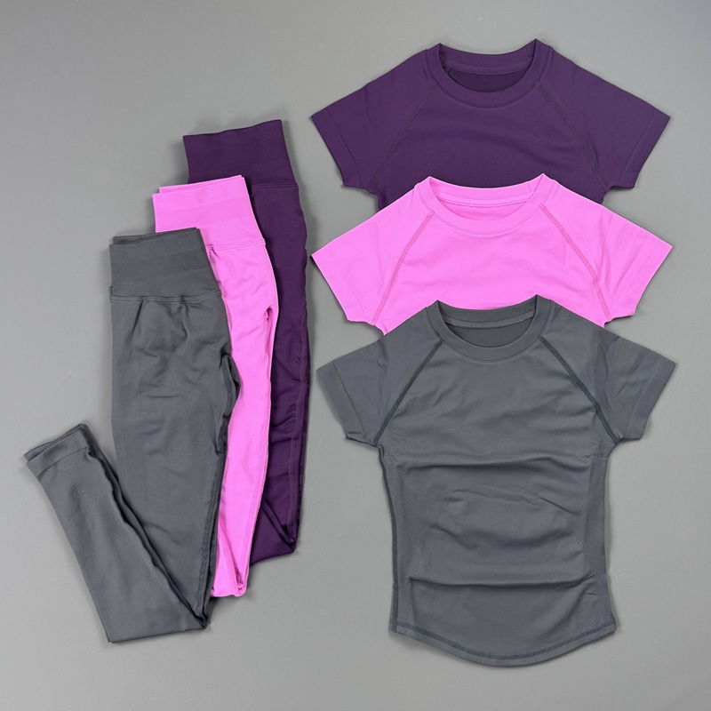 Pilates Yoga Wrap Top - ชุดออกกำลังกาย 2 ชิ้นสำหรับผู้หญิง เสื้อกีฬาแขนสั้นแบบแร็กแลน กางเกงเลกกิ้งเอวสูงไร้ตะเข็บ ผ้ายกกระชับสะโพก