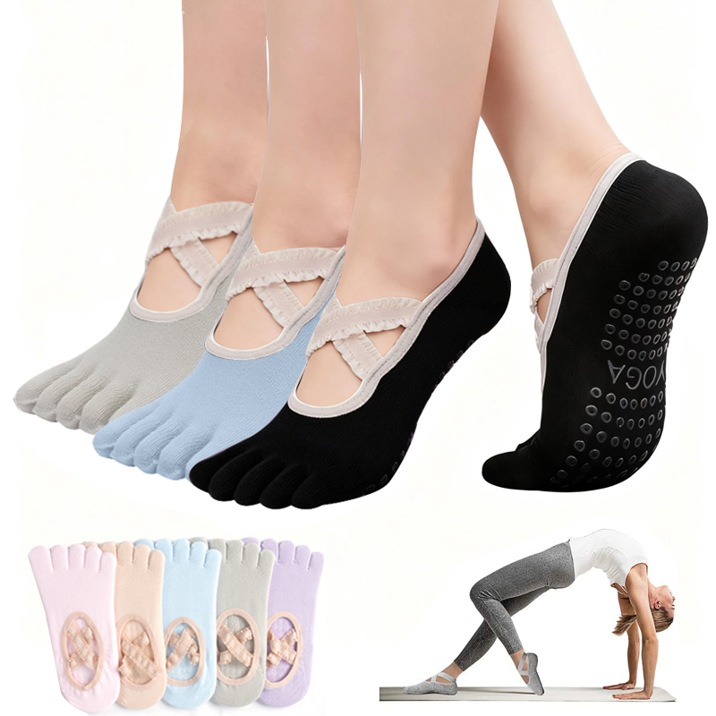 Pilates And Yoga Studio - ถุงเท้าพิลาทิสกันลื่นสำหรับผู้หญิง ถุงเท้าโยคะแบบผูกเชือก ถุงเท้ากีฬาฟิตเนสระบายอากาศ ถุงเท้าบัลเลต์สำหรับสตูดิโอพิลาทิส