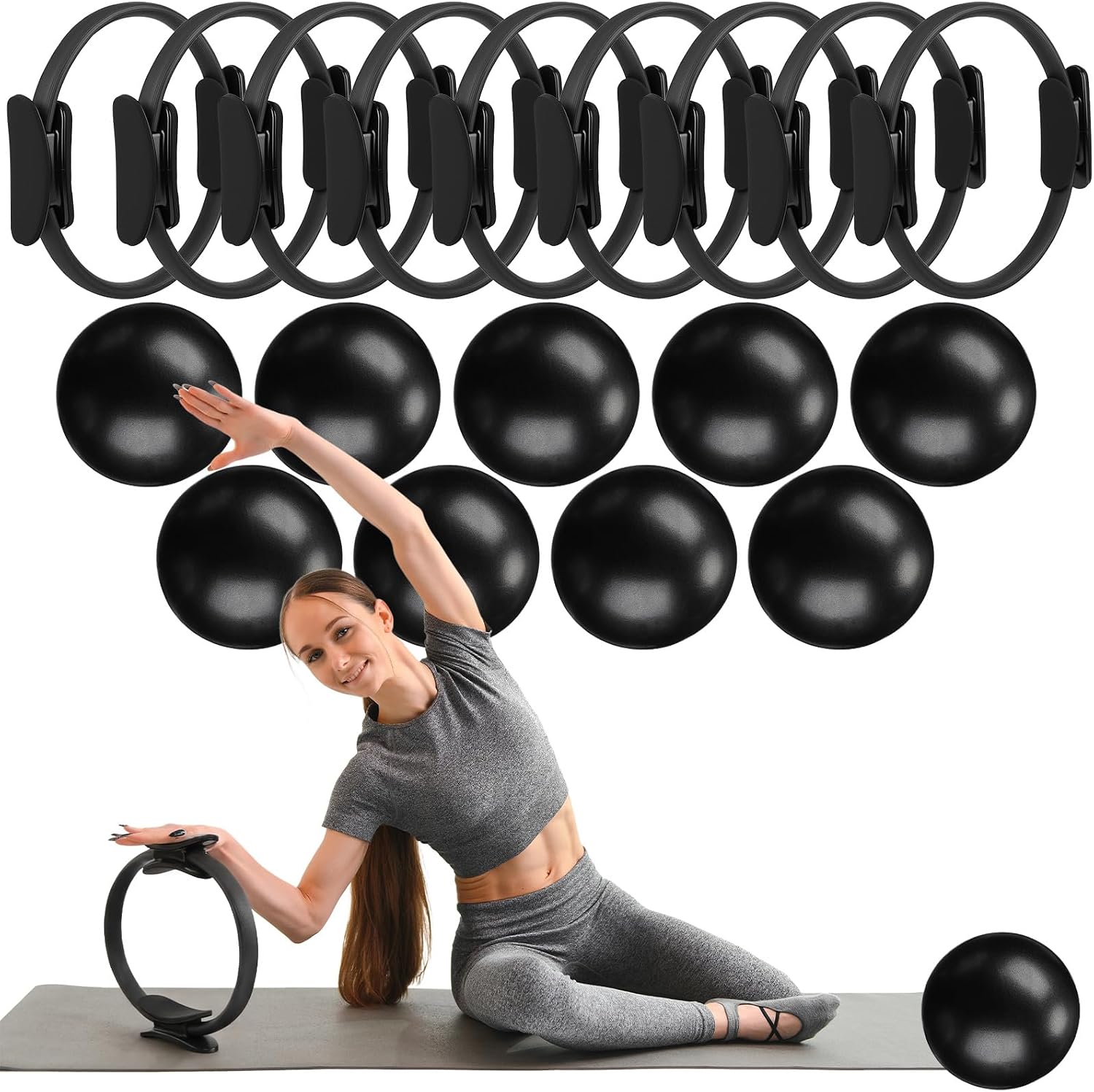 Pilates Yoga Tone - ชุดวงแหวนและลูกบอลพิลาทิส 18 ชิ้น วงแหวนออกกำลังกายขนาดเล็ก ลูกบอลโยคะขนาดเล็ก สำหรับออกกำลังกายที่บ้าน