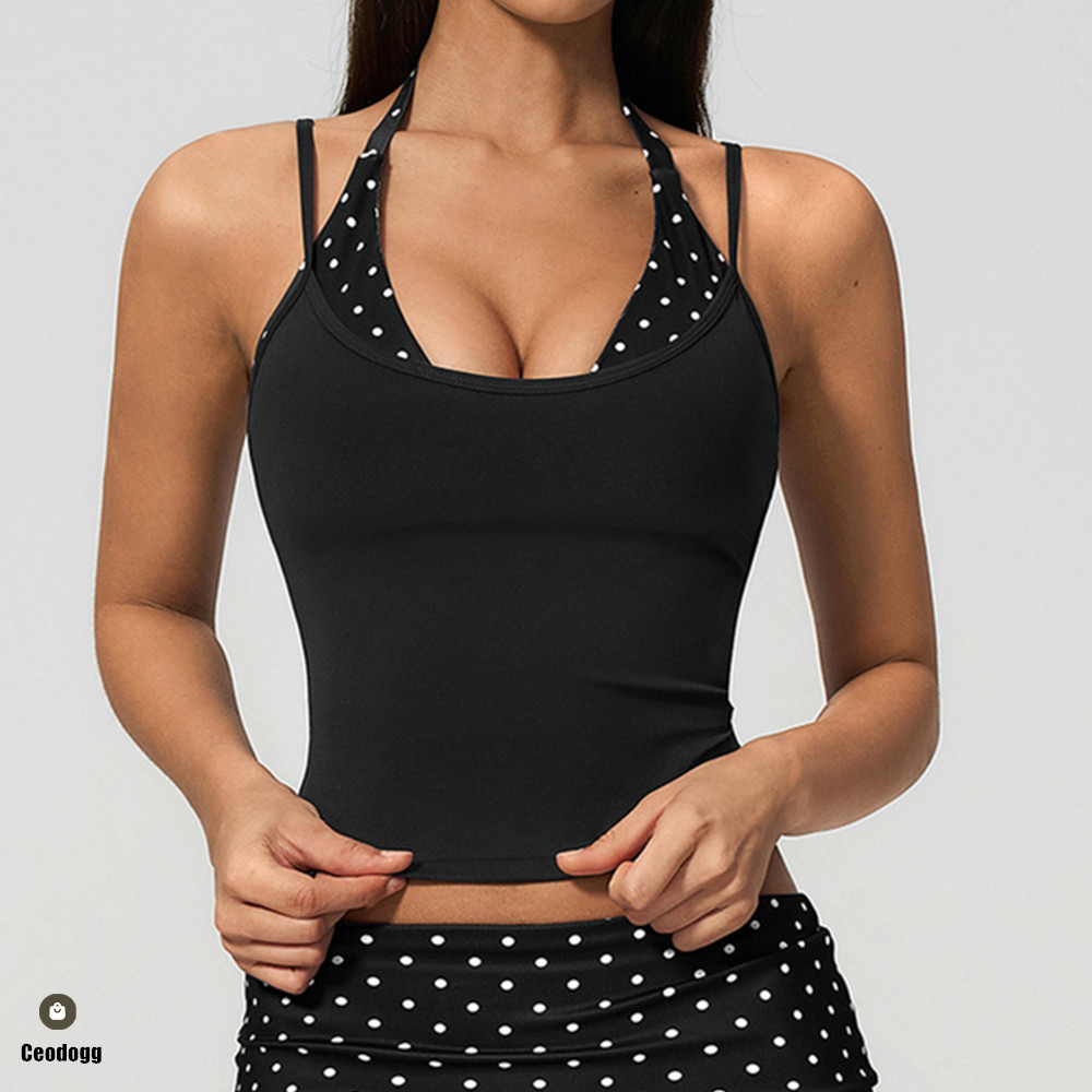 Pilates Yoga Wrap Top - เสื้อกล้ามโยคะแบบผูกคอ ลายจุด สำหรับผู้หญิง บราออกกำลังกายแบบซัพพอร์ตสูง เหมาะสำหรับยิม พิลาทิส
