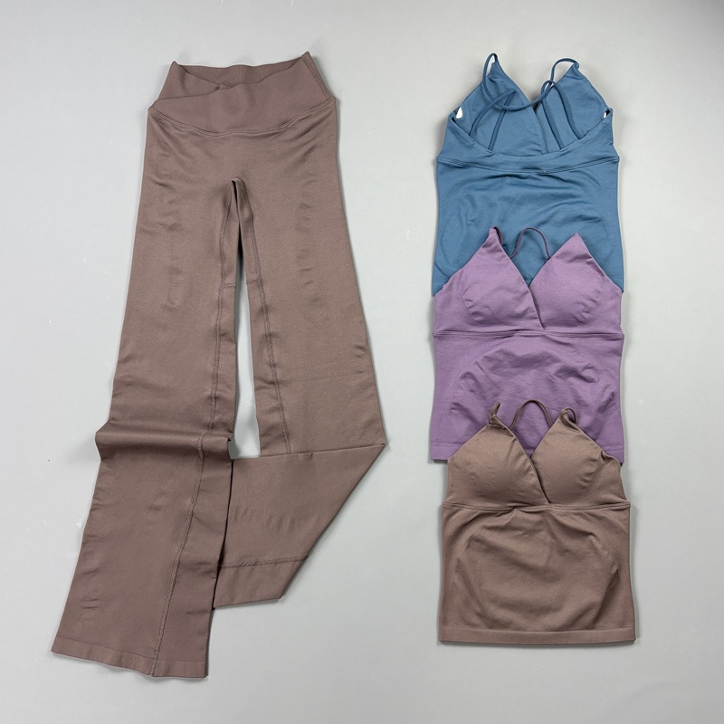 Pilates Yoga Wrap Top - ชุดโยคะออกกำลังกายไร้รอยต่อสำหรับผู้หญิง 2 ชิ้น เสื้อกล้ามสายเดี่ยวบาง กางเกงเลกกิ้งเอวไขว้ทรงบาน ช่วยกระชับสะโพก